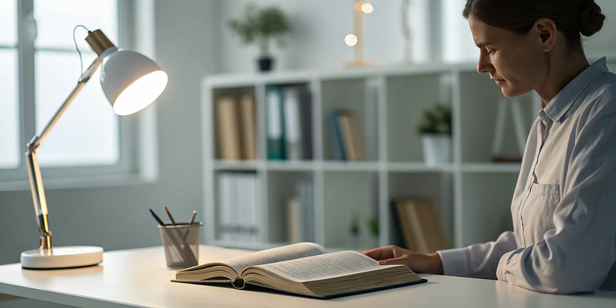 A woman learning how to focus when reading the Bible at a quiet desk with a lamp.