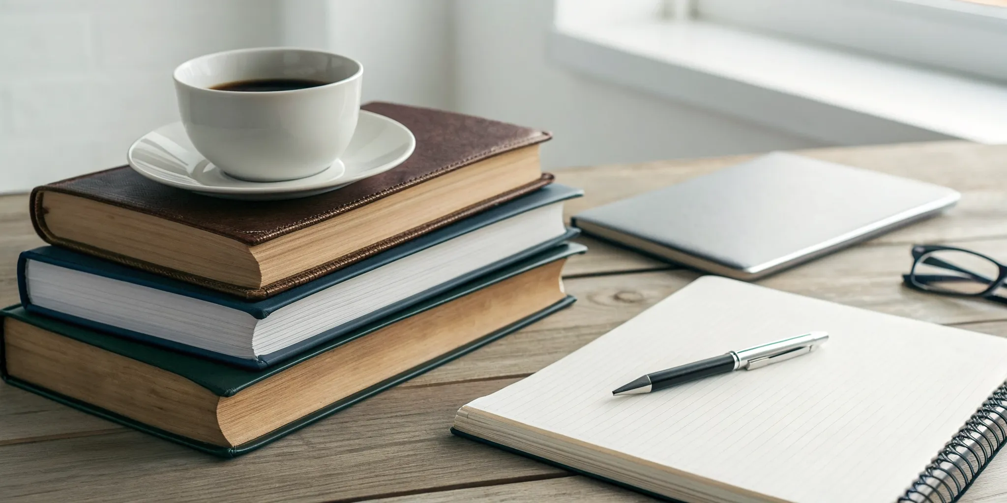 A desk with books and a notebook for actively improving memory and recall for reading.